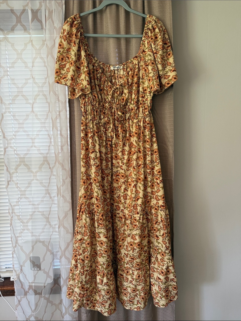 Smocked Floral Midi Dress in Cream with Rust Accents